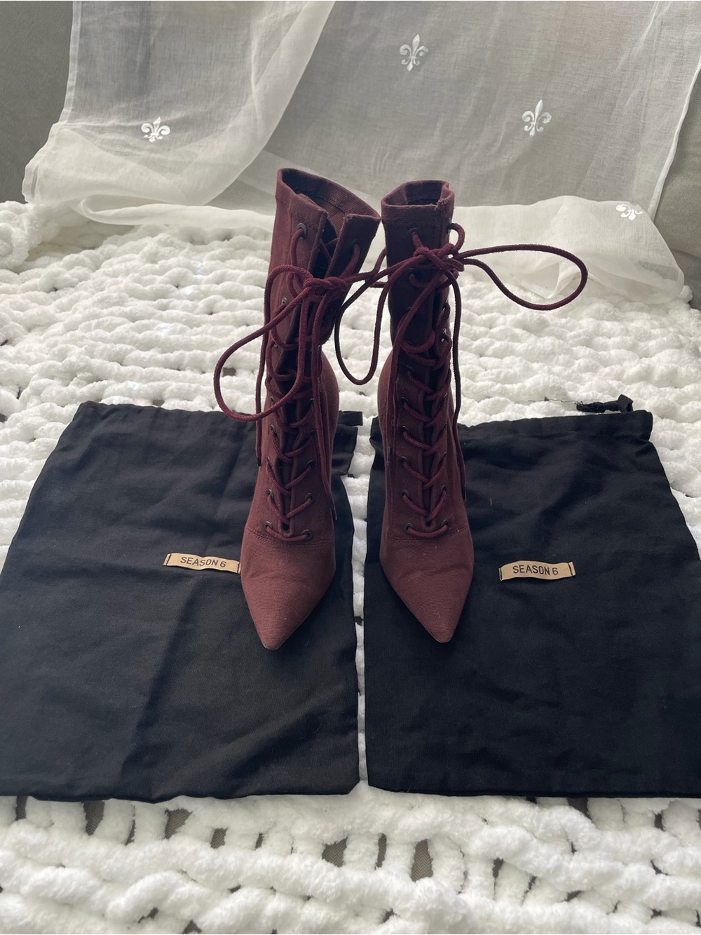 Yeezy Burgundy Lace-Up Pointed-Toe Ankle Boots